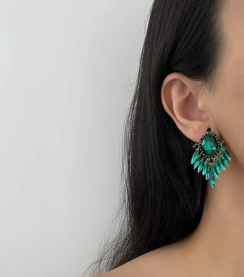 گوشواره جواهری سبز طرح آویز